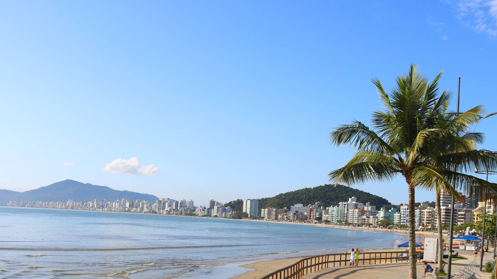 Calçadão de Itapema visto de cima ao lado da praia: deque de madeira acompanhando a faixa de areia, coqueiro em primeiro plano e a linha de prédios contornando a enseada ao fundo.