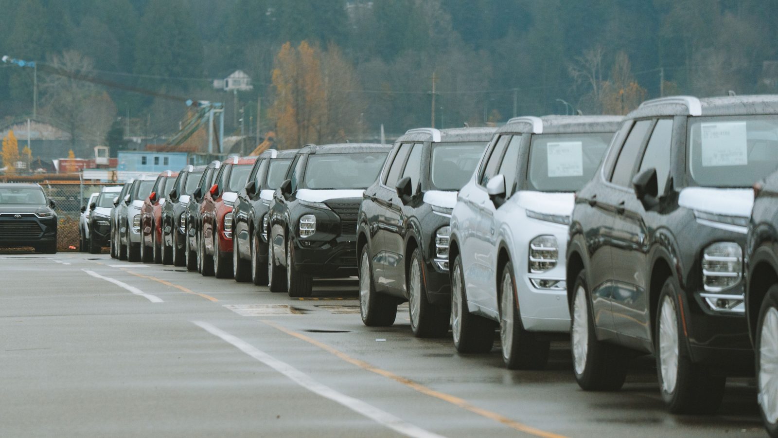 Fileira de carros e utilitários novos estacionados lado a lado num pátio de concreto molhado, com etiquetas coladas nos vidros e morro arborizado ao fundo.