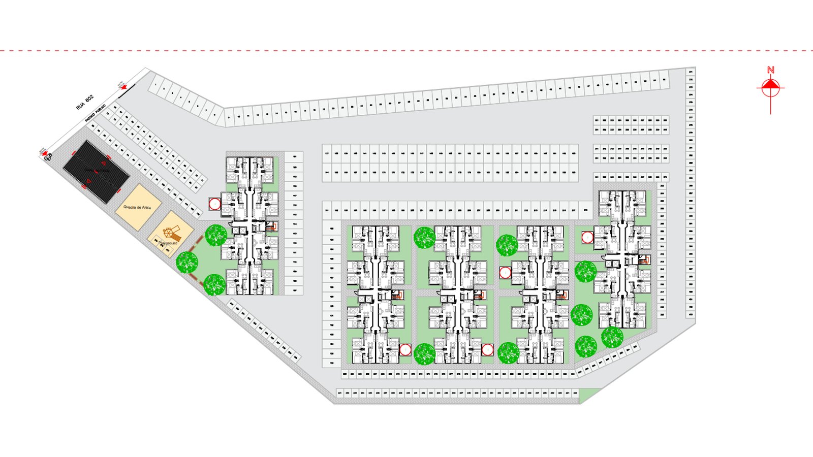 Planta de implantação de um conjunto habitacional, com quatro blocos de apartamentos desenhados em preto e branco, faixas de vagas de estacionamento em volta, áreas verdes com árvores, quadra de areia e playground junto à Rua 802.