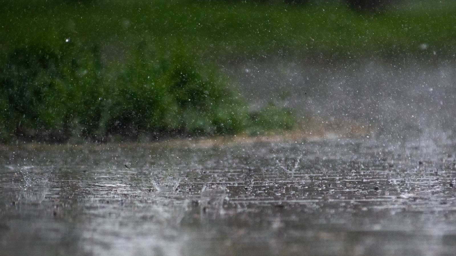 Chuva forte batendo no asfalto encharcado, com as gotas levantando respingos brancos na lâmina de água e uma faixa de vegetação verde desfocada ao fundo.