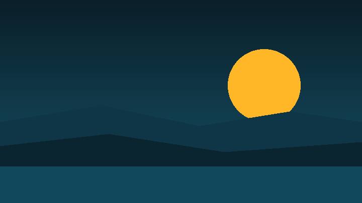 Ilustração da marca: um sol amarelo baixando atrás de morros escuros, com o mar em primeiro plano.