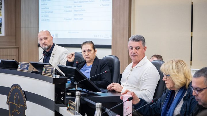 Mesa diretora da Câmara de Itapema durante sessão, com três vereadores sentados atrás dos microfones e dos monitores e o painel de votação projetado na parede ao fundo.
