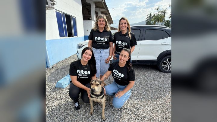 Quatro integrantes da equipe da DIBEA posando em pé e agachadas no pátio de cascalho da sede, todas de camiseta preta com o nome da diretoria estampado, ao lado de um cachorro sem raça definida de pelo claro sentado na frente do grupo.