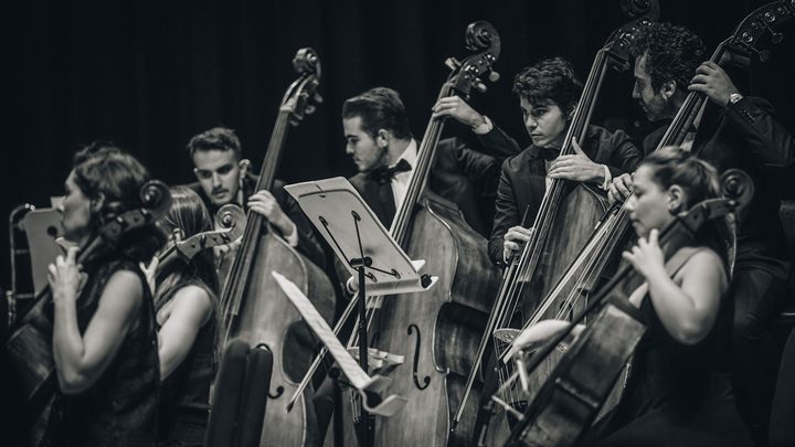 Naipe de cordas de uma orquestra em foto preto e branco, com músicos tocando violoncelos e contrabaixos em pé no palco, estantes de partitura à frente e fundo escuro.