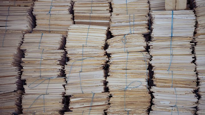 Pilhas de papéis amarelados amarrados com barbante azul, empilhadas umas sobre as outras até preencher todo o quadro.