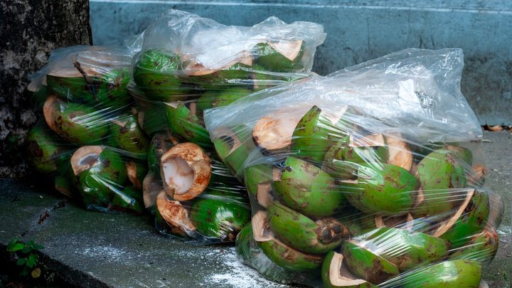 Sacos plásticos transparentes cheios de cascas de coco verde já abertas, empilhados sobre um degrau de concreto encostado num muro.