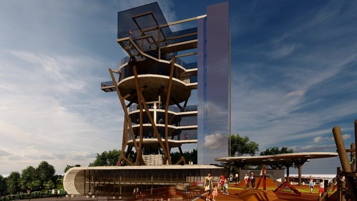 Projeção em computador de uma torre-mirante com estrutura de madeira e vidro, passarelas em vários níveis, elevador envidraçado ao lado e área de convívio coberta na base.