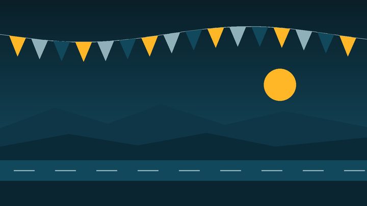 Ilustração de bandeirinhas coloridas estendidas num varal sobre a avenida beira-mar, com morros e sol ao fundo, nas cores da marca Santa Informa.