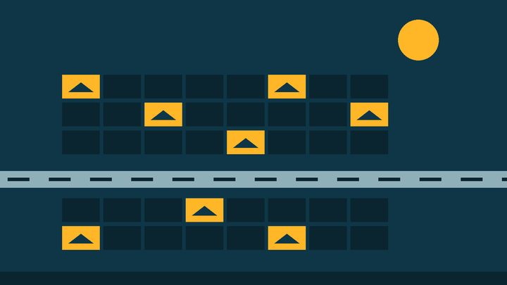 Ilustração da marca: malha de lotes retangulares em azul escuro cortada por uma rua clara, com alguns lotes destacados em amarelo e um telhado desenhado dentro deles.