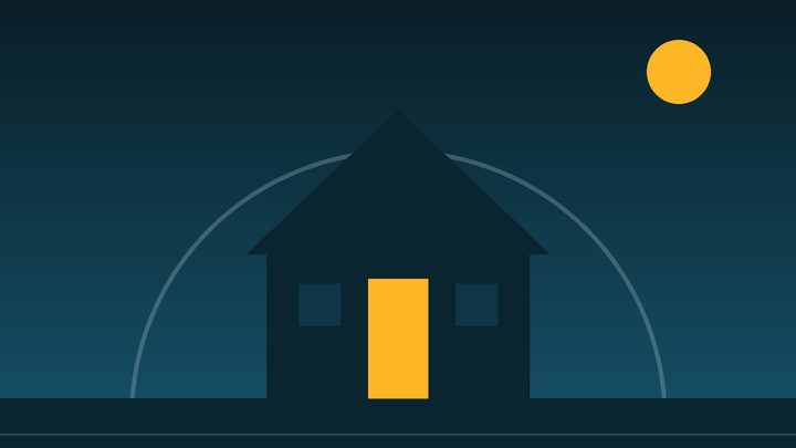 Ilustração da marca: casa simples recortada em azul escuro, com a porta aberta em amarelo e um arco fino de proteção por cima, sob um sol amarelo.
