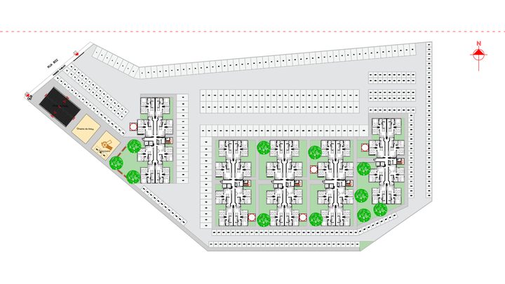 Planta de implantação de um conjunto habitacional, com quatro blocos de apartamentos desenhados em preto e branco, vagas de estacionamento em volta, áreas verdes com árvores, quadra de areia e playground junto à Rua 802.