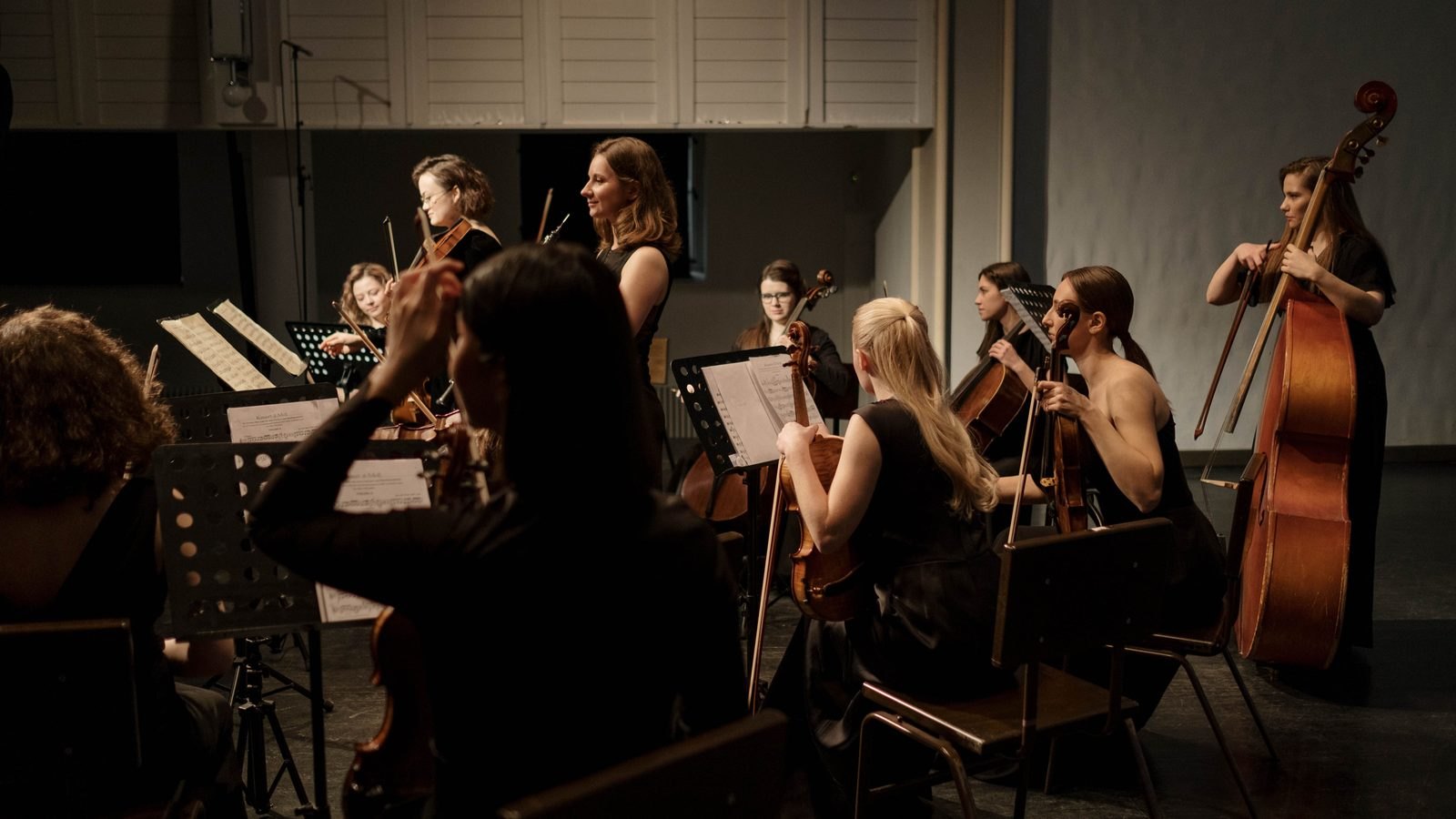 Orquestra de cordas vestida de preto tocando num palco de luz baixa, com violinos, violoncelos e um contrabaixo em pé à direita, e estantes de partitura à frente dos músicos.