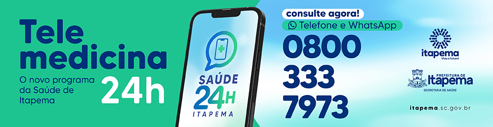 Telemedicina 24h, o novo programa da Saúde de Itapema. Atendimento por telefone e WhatsApp no 0800 333 7973.