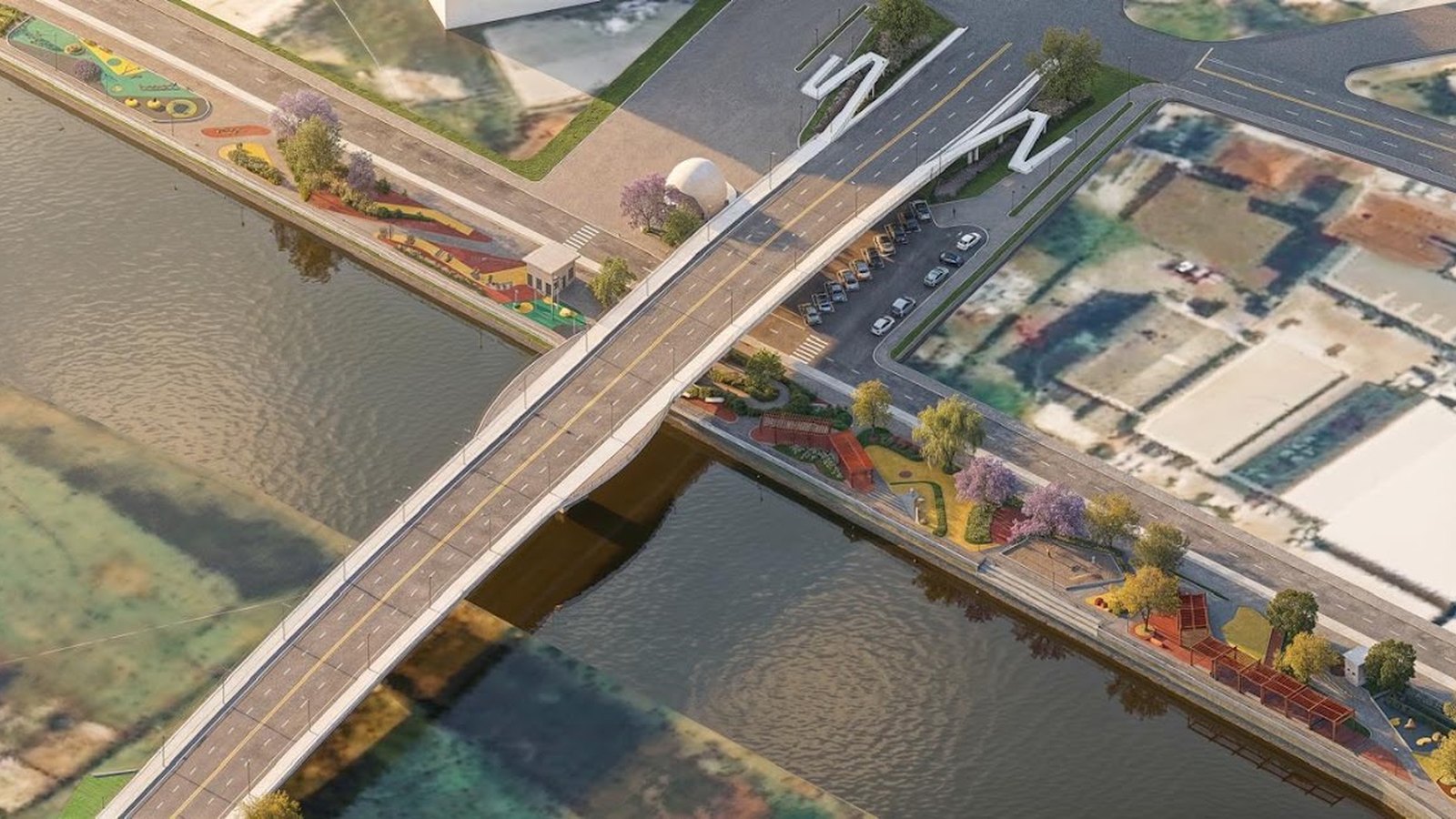 Imagem de projeto em perspectiva aérea mostrando uma ponte de concreto de duas pistas cruzando um rio largo de água esverdeada, com avenida arborizada, estacionamento e quadras de uma cidade nas duas margens.